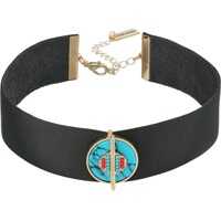 Coliere Black Leather Choker with Round Green Stone Charm Necklace Femei