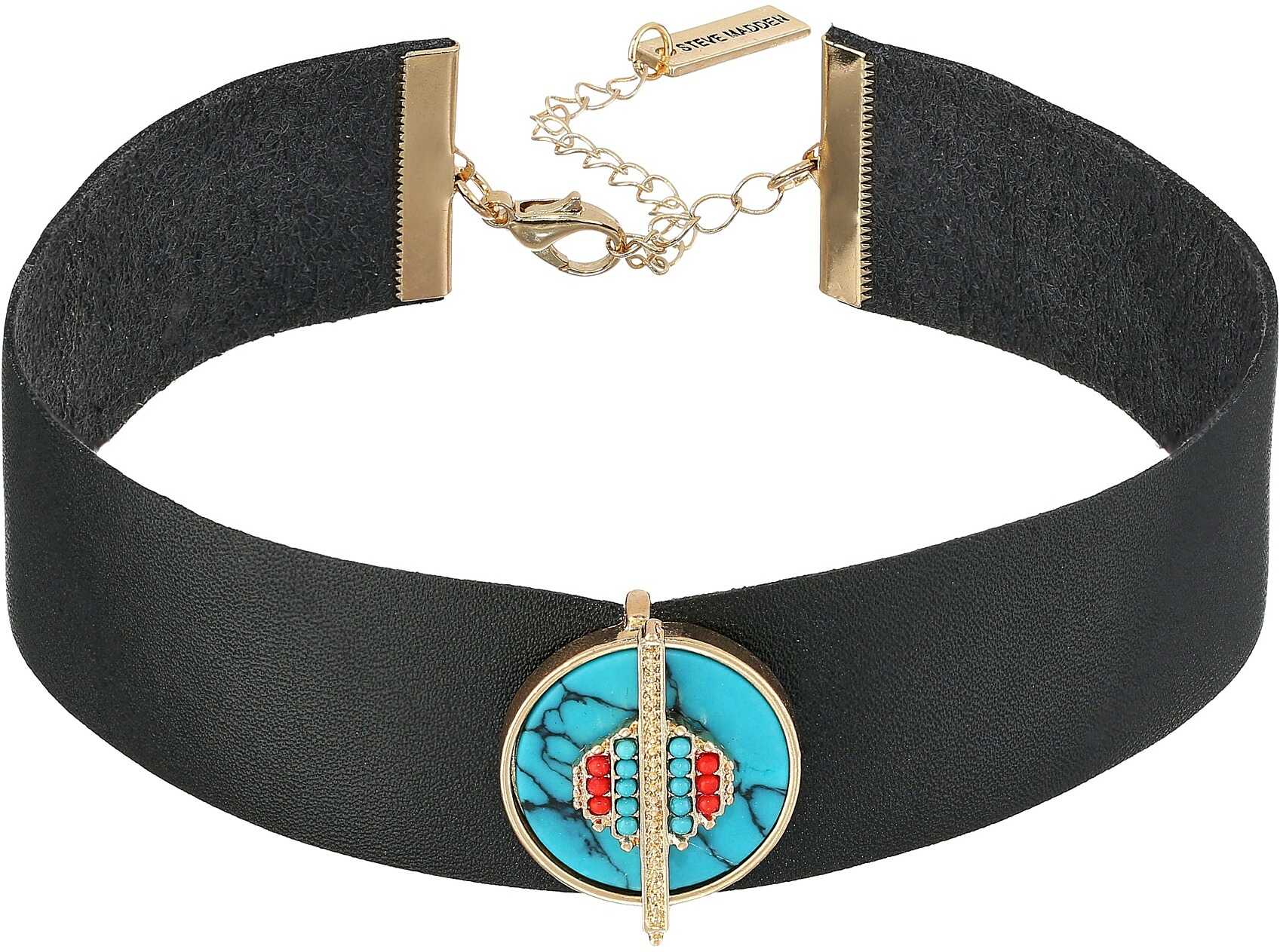 Colier Steve Madden Black Leather Choker with Round Green Stone Charm Necklace Gold
