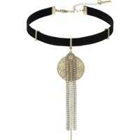 Coliere Textured Disc Silver/Gold Bead Fringe Suede Choker Necklace Femei