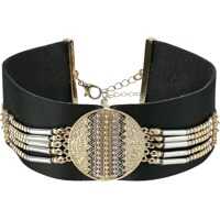 Coliere Black Leather with Silver/Gold Beaded Choker Necklace Femei