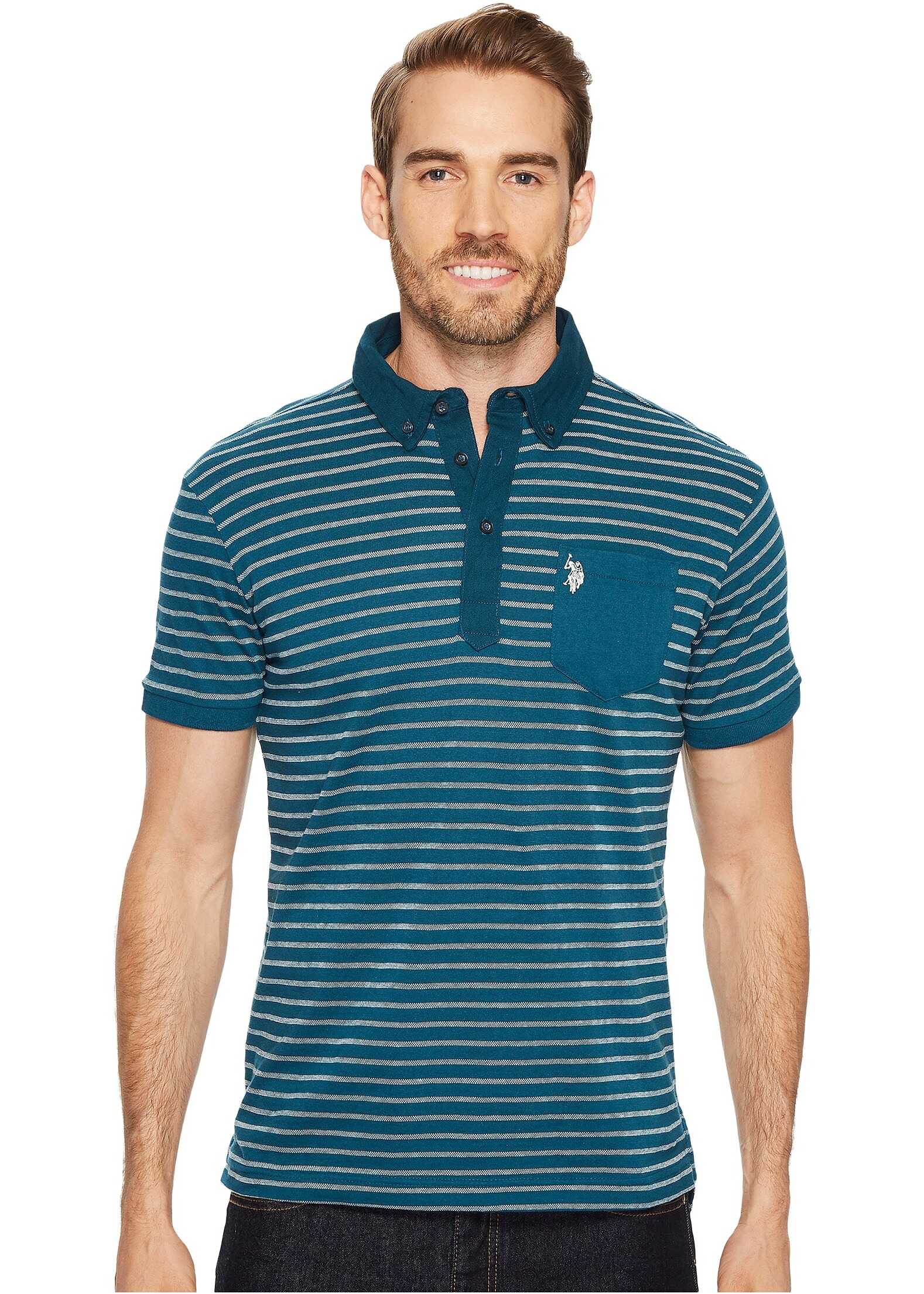 Tricou U.S. POLO ASSN. Slim Fit Striped Short Sleeve Pique Polo Shirt Seaport Blue
