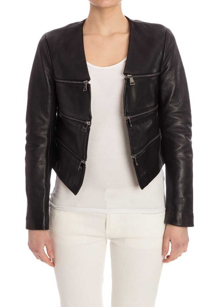 Geaca Karl Lagerfeld Cropped Leather Zip Jacket Black