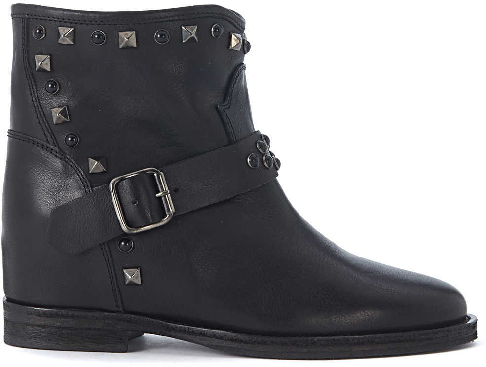 Gheata Via Roma 15 In Black Leather Ankle Boots With Studs And Buckles Black