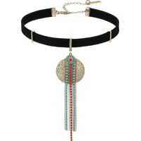 Coliere Textured Disc Green/Red Bead Fringe Suede Choker Necklace* Femei