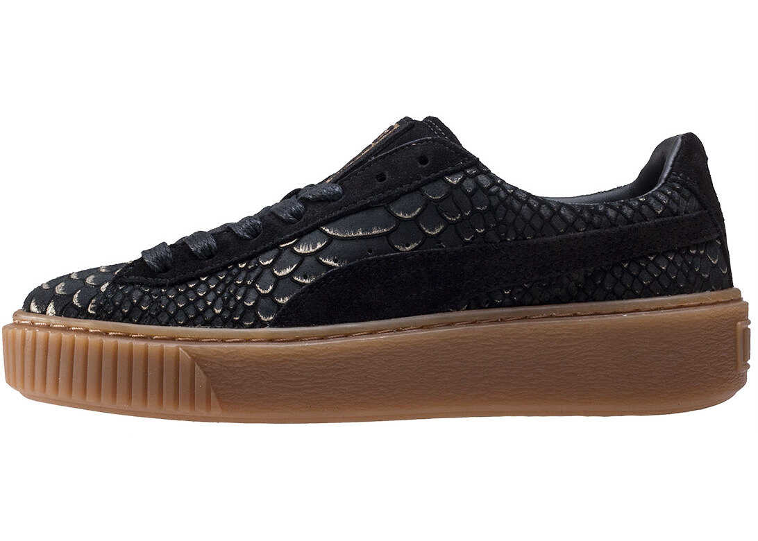 Tenis PUMA Basket Platform Exotic Skin Trainers In Black Gold Black