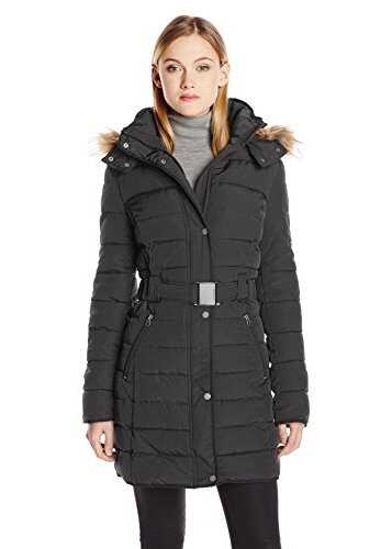 Geaca Tommy Hilfiger Women's Long Belted Down Coat with Faux-Fur Trim Hood Black