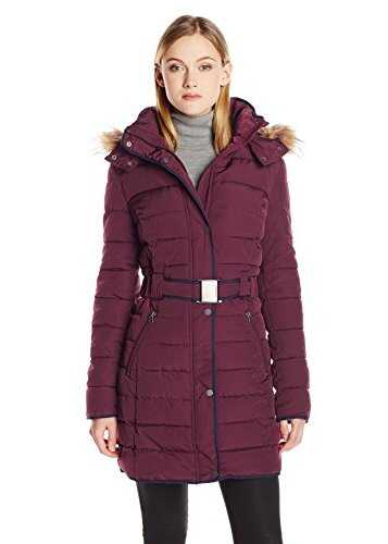 Geaca Tommy Hilfiger Women's Long Belted Down Coat with Faux-Fur Trim Hood Crushed Violet