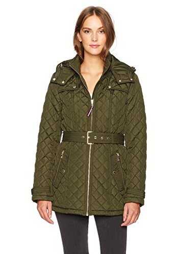 Geaca Tommy Hilfiger Women's Zip Front Belted Diamond Quilt Hooded Jacket Army Green