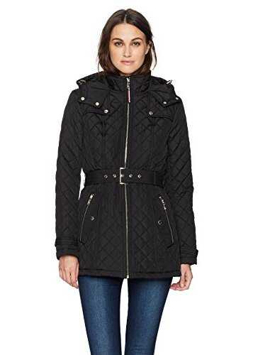 Geaca Tommy Hilfiger Women's Zip Front Belted Diamond Quilt Hooded Jacket Black