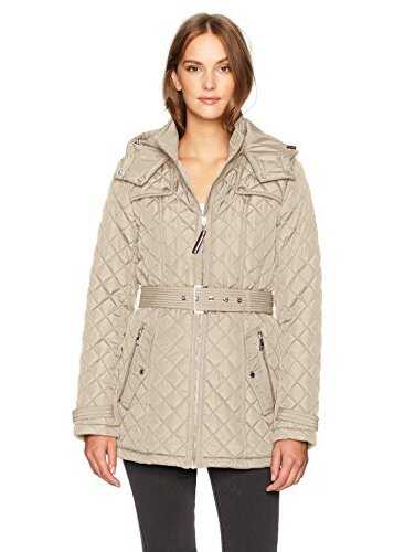 Geaca Tommy Hilfiger Women's Zip Front Belted Diamond Quilt Hooded Jacket Fog