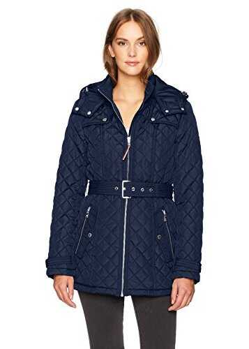 Geaca Tommy Hilfiger Women's Zip Front Belted Diamond Quilt Hooded Jacket Navy