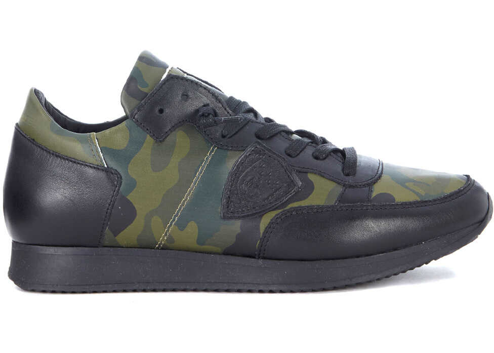 Tenis Philippe Model Tropez Black Leather And Camouflage Sneaker* Green