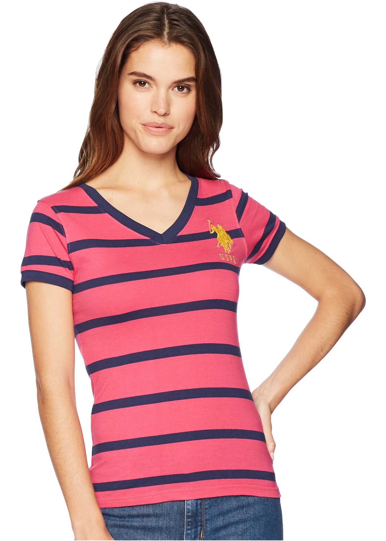 Tricou U.S. POLO ASSN. Short Sleeve Striped V-Neck T-Shirt Pink Peak