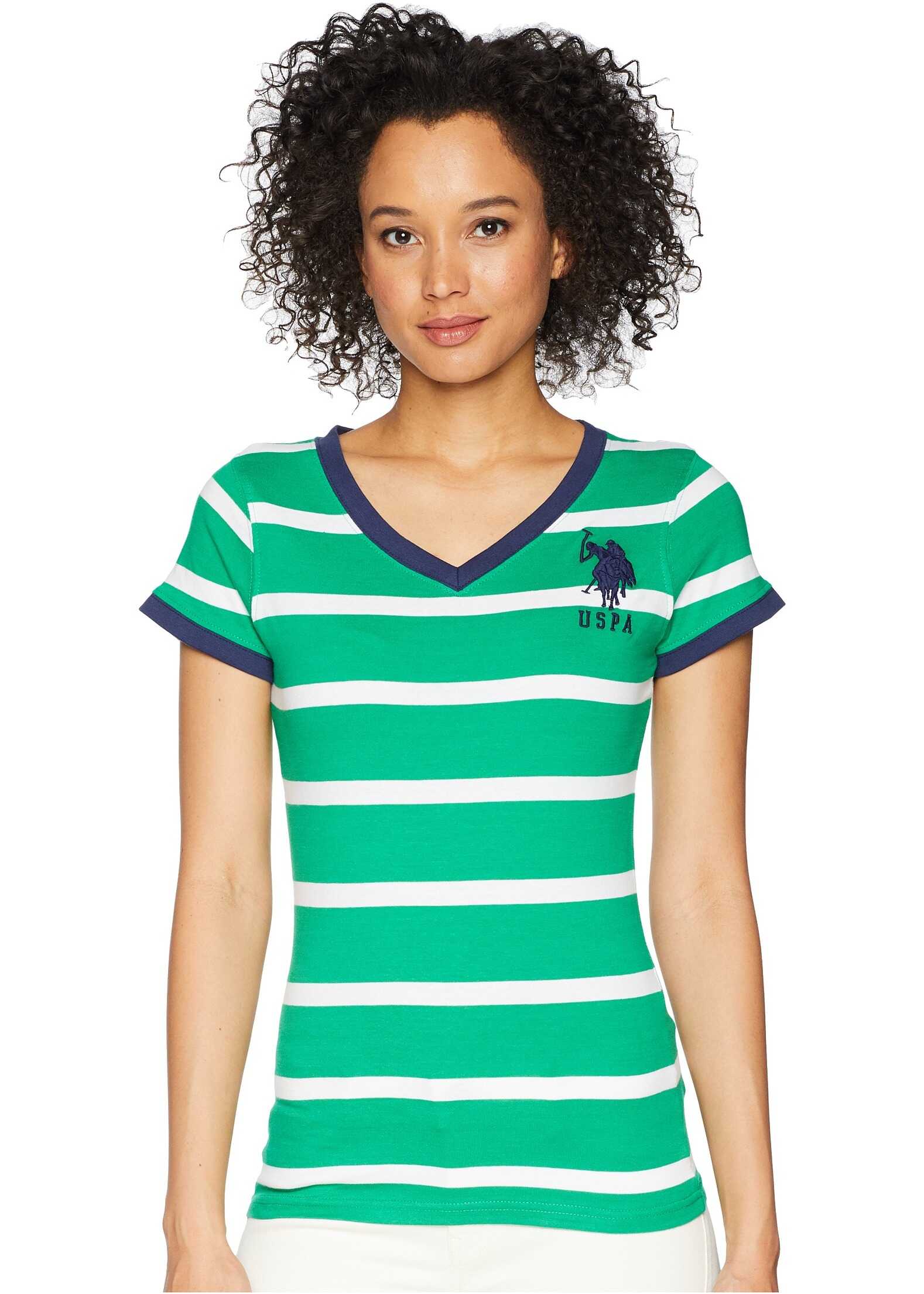 Tricou U.S. POLO ASSN. Short Sleeve Striped V-Neck T-Shirt Ivy Green