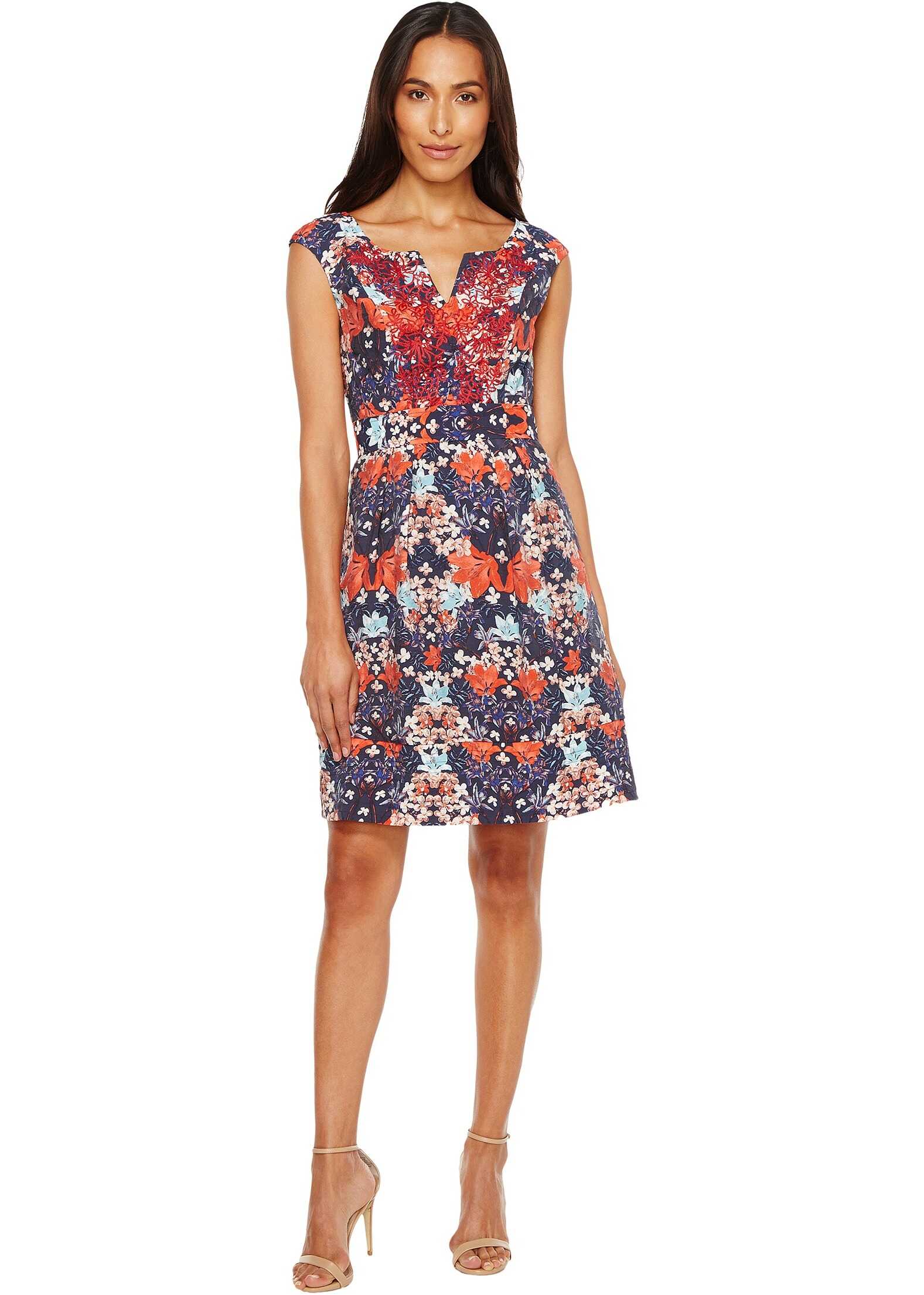 Rochie Adrianna Papell Printed Linenette Mirrored Dreams Fit and Flare Dress with Embroidery Blue Multi