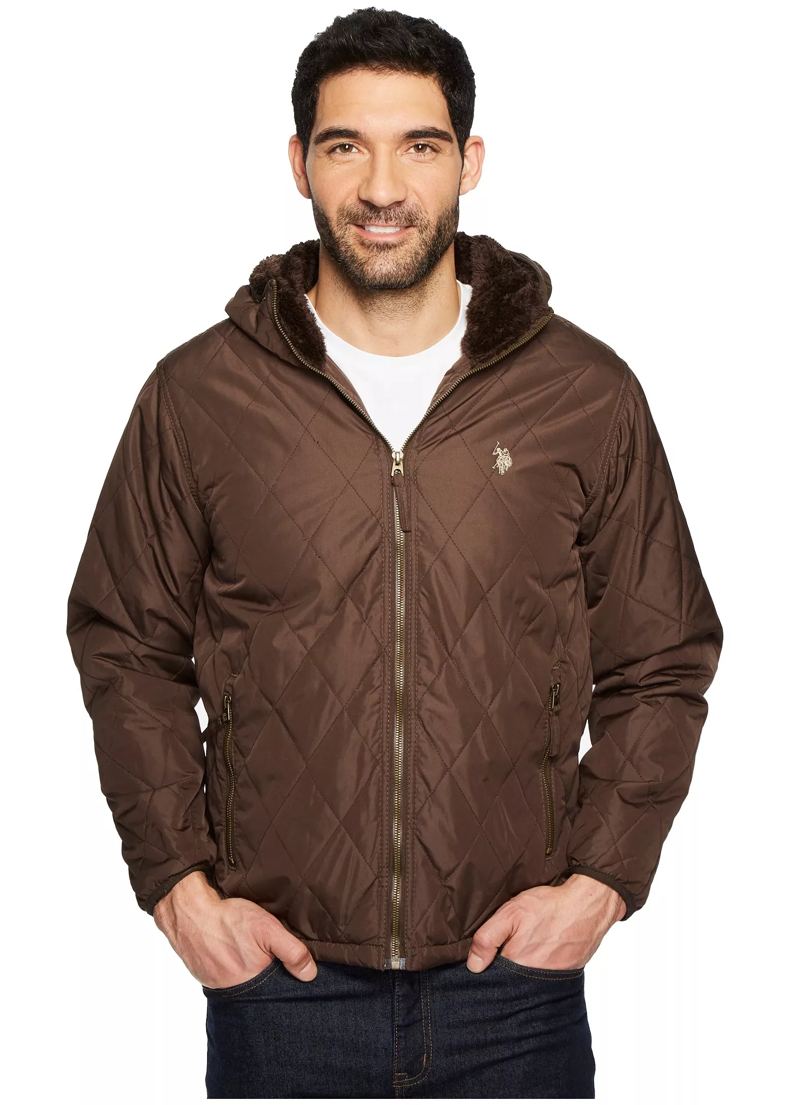 Geaca U.S. POLO ASSN. Diamond Quilted Hooded Jacket Dark Brown