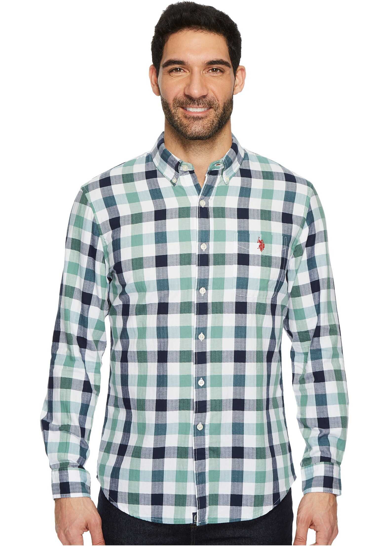Camasa U.S. POLO ASSN. Classic Fit Stripe, Plaid or Print Long Sleeve Sport Shirt Park Green