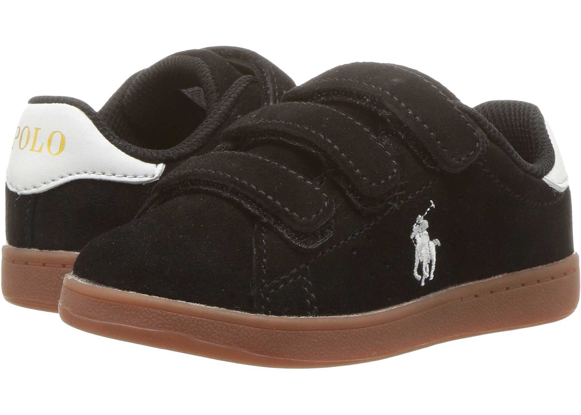Tenis Polo Ralph Lauren Kids Quincey Court EZ (Toddler) Black Suede w/ Paper White Pony - Gum Sole