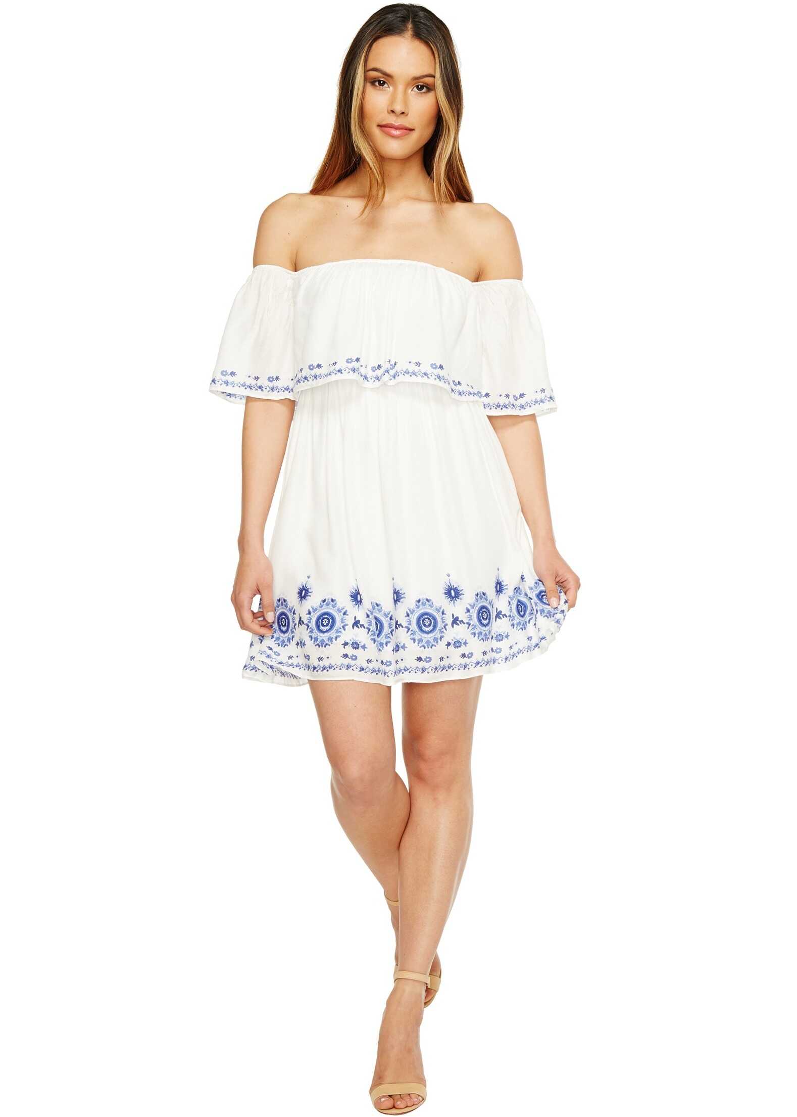 Rochie Brigitte Bailey Halee Off the Shoulder Embroidered Dress Ivory/Blue