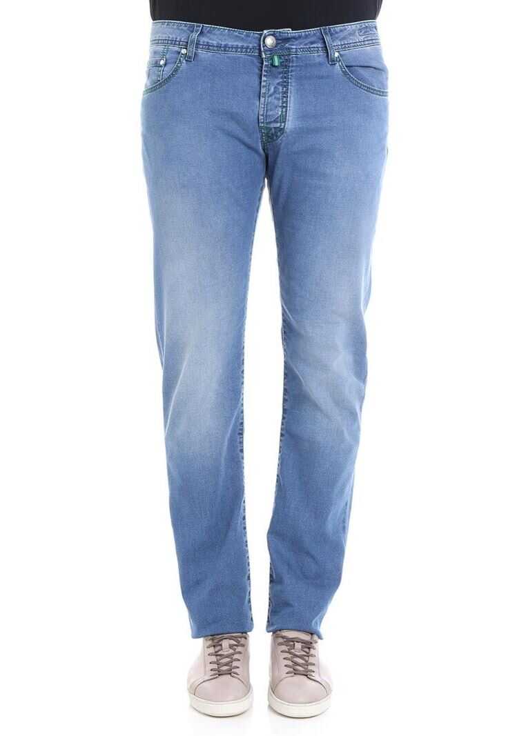 Blug Jacob Cohen Light Blue 5 Pockets Jeans With Green Stitching Light Blue