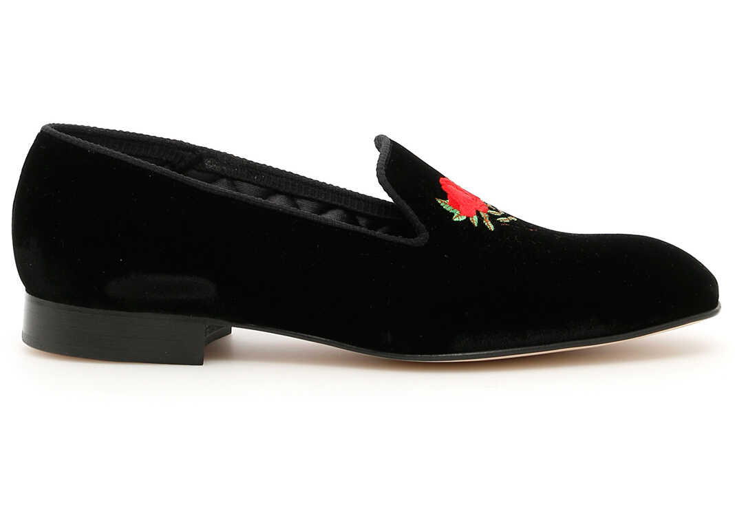 Mocasin Church's Velvet Loafers With Rose Embroidery BLACK