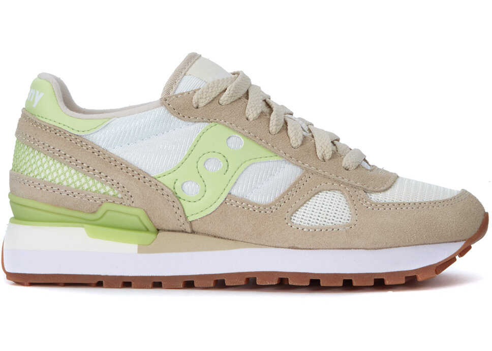 Saucony Shadow Beige Suede, White Mesh And Green Leather Sneakers Grey