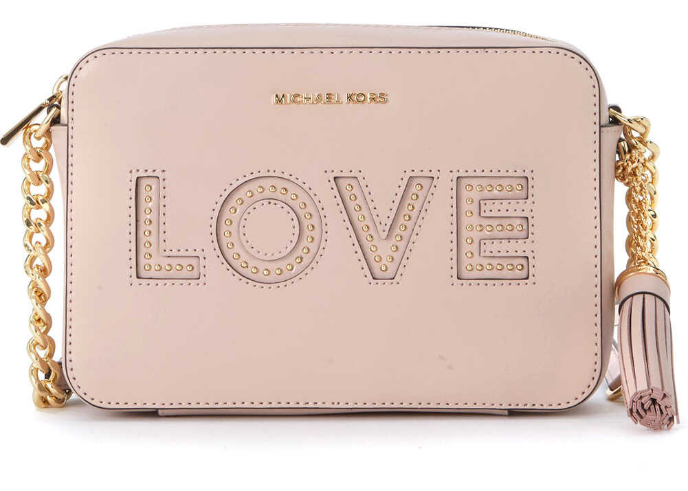 Geanta femei Michael Kors Ginny Pink Leather Shoulder Bag With Love Writing And Studs. Pink