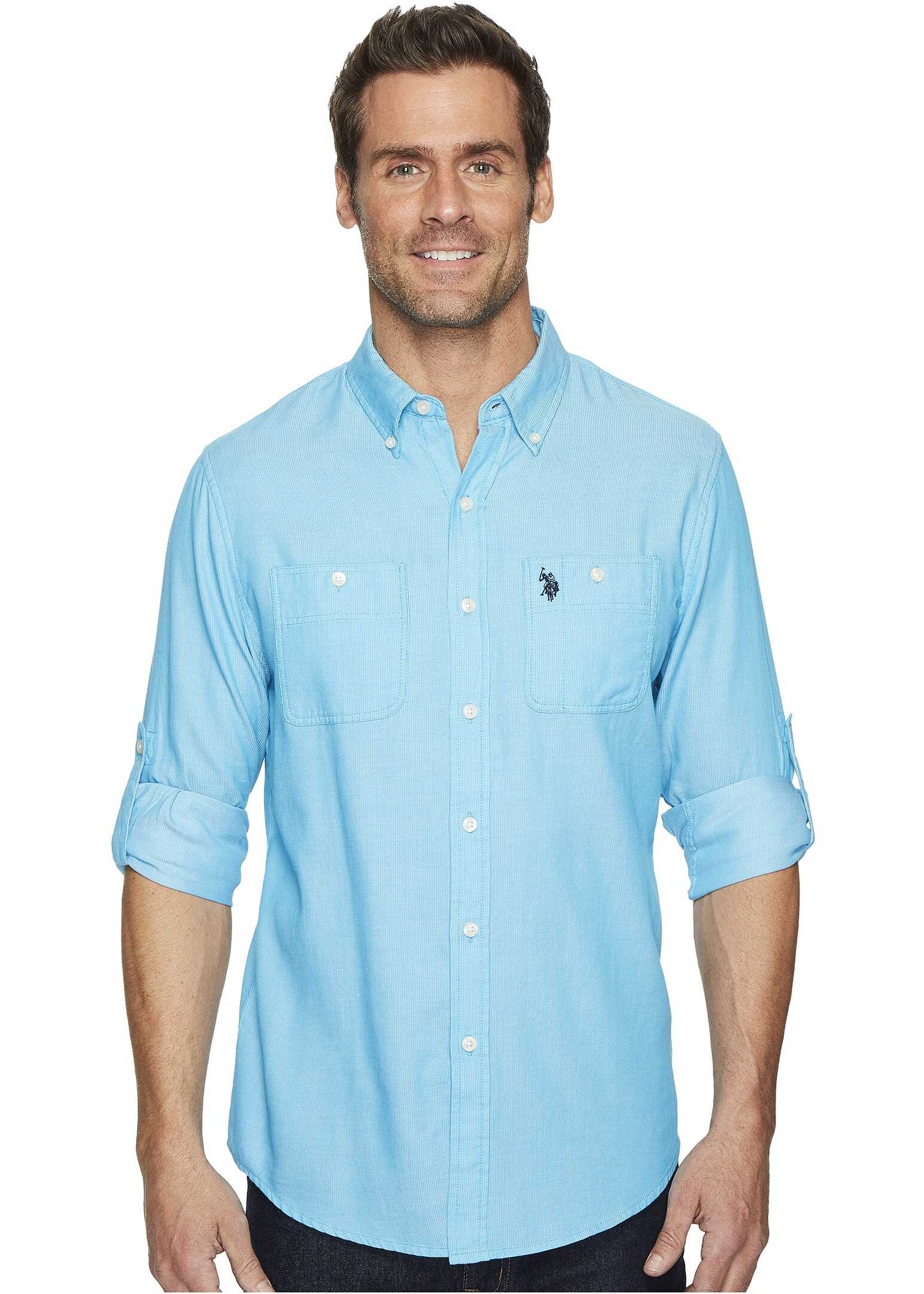 Camasa U.S. POLO ASSN. Long Sleeve Slim Fit Striped Shirt Flip-Flop Blue