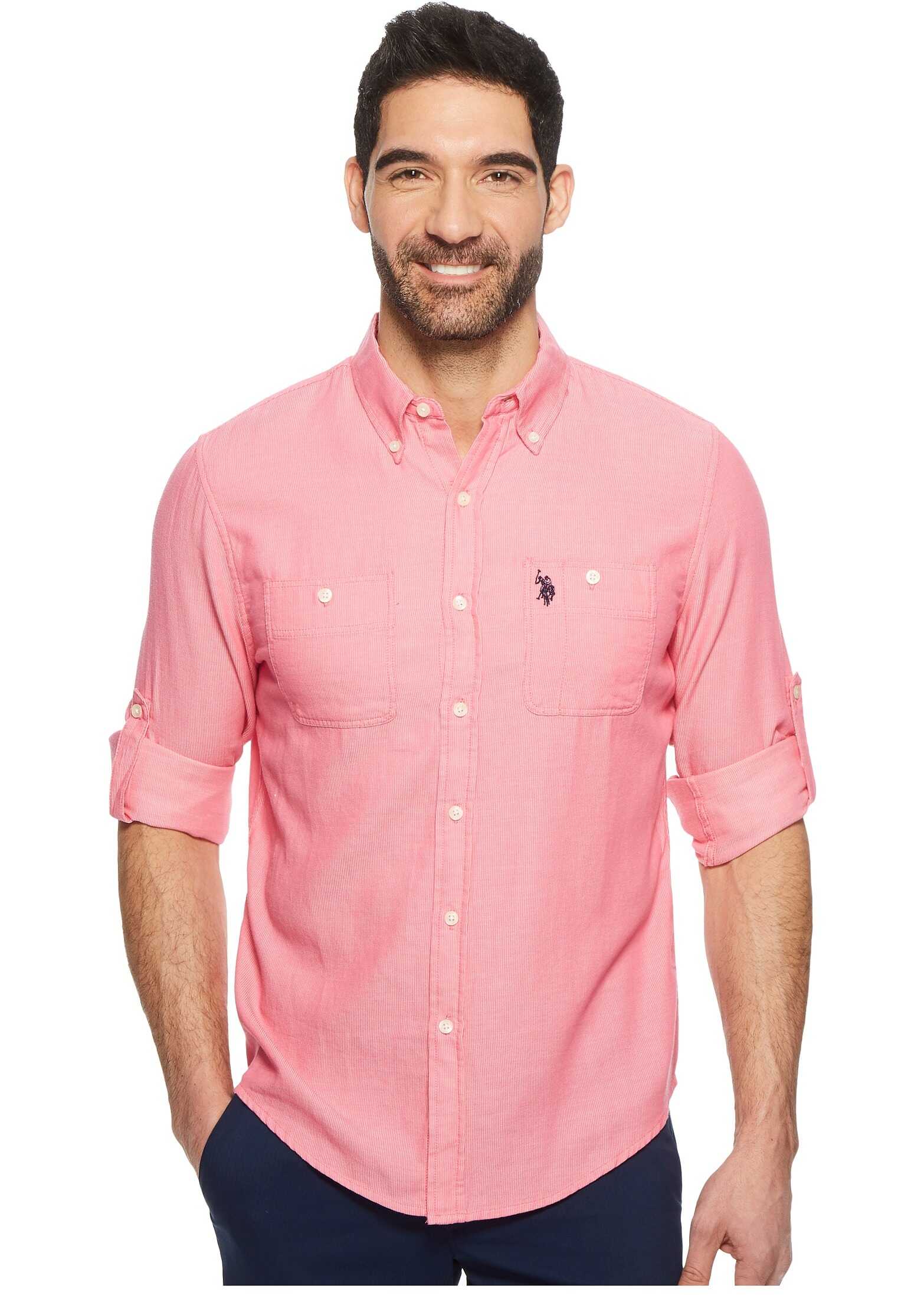 Camasa U.S. POLO ASSN. Long Sleeve Slim Fit Striped Shirt Pink Raton
