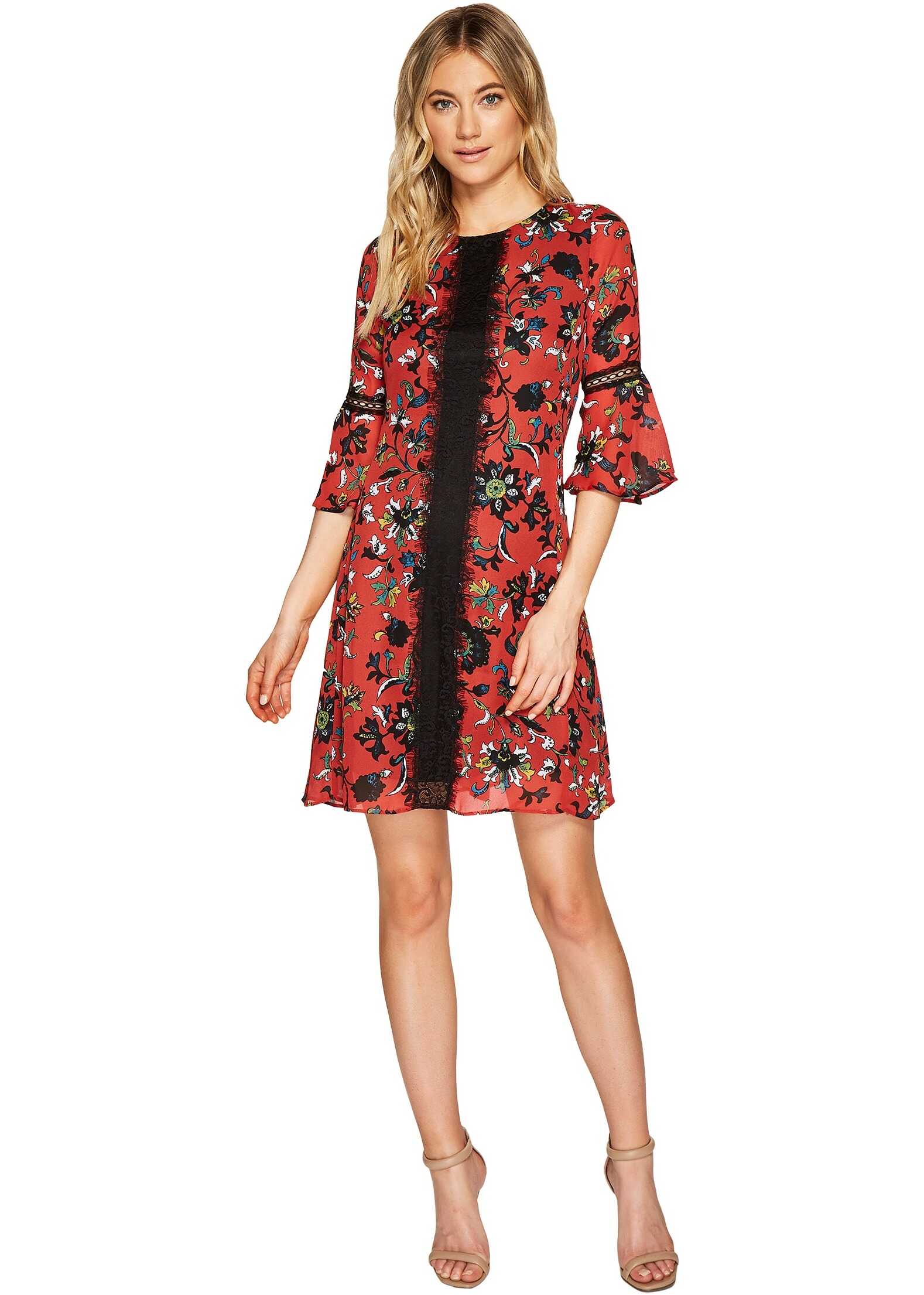 Rochie Christin Michaels Esther Printed Dress with Lace Inset Red/Multi