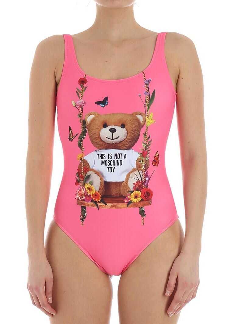 Costum Moschino Neon-Pink Swismsuit With Teddy Bear Print Pink