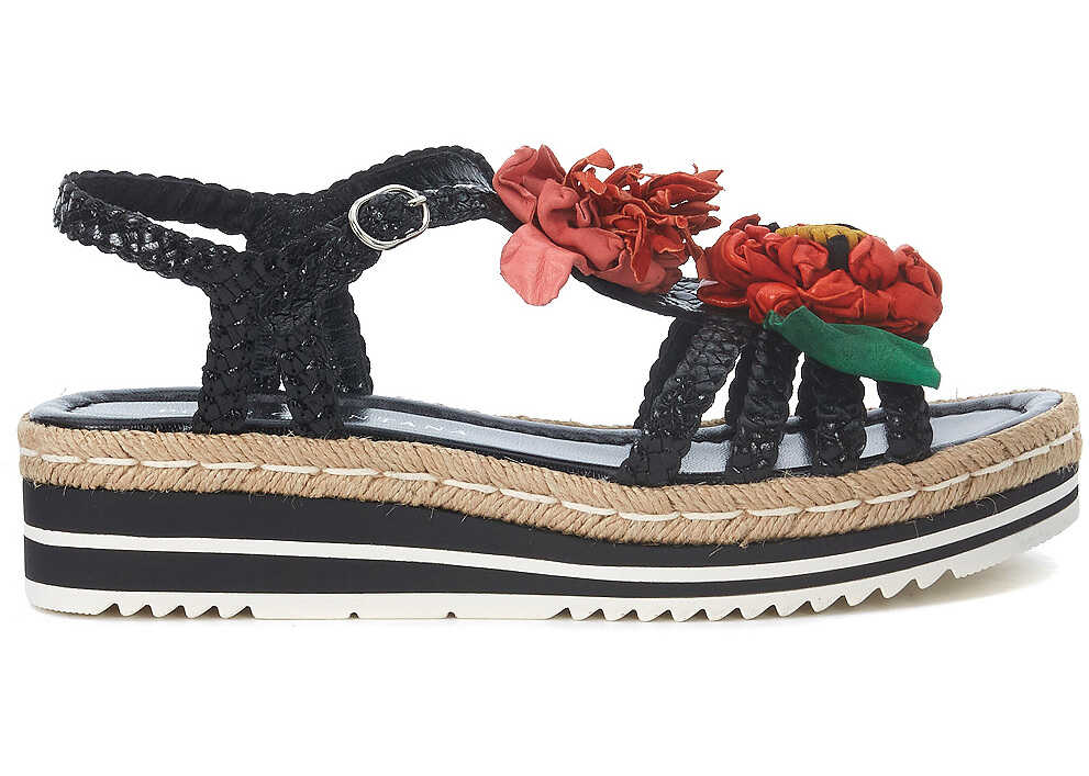 Sandala Pons Quintana Black Woven Leather Sandal With Flowers Multicolour