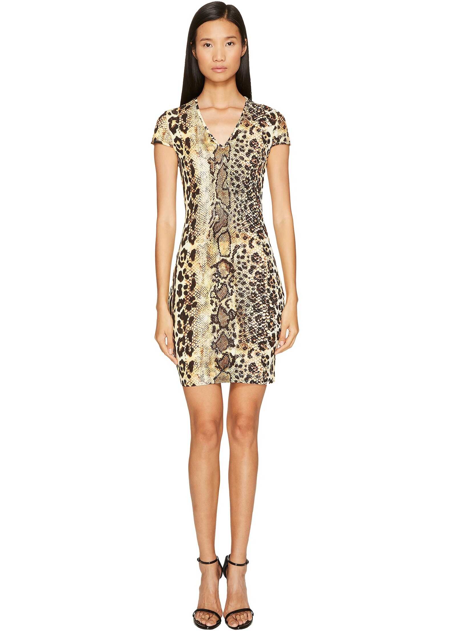Rochie Just Cavalli Short Sleeve V-Neck Mixed Animal Print Jersey Dress Natural