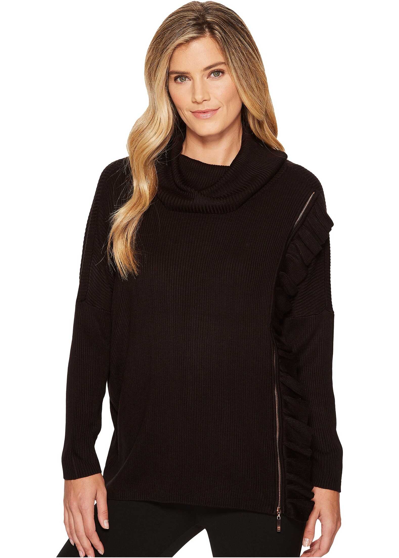 Pulover Ivanka Trump Zipper Ruffle Turtleneck Sweater Black