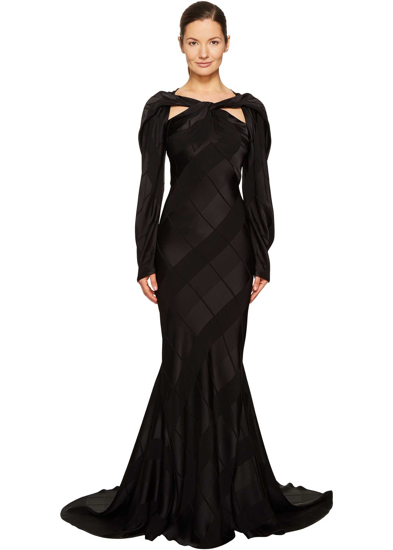 Rochie Zac Posen Satin Crepe Jacquard Long Sleeve Cut Out Gown Black