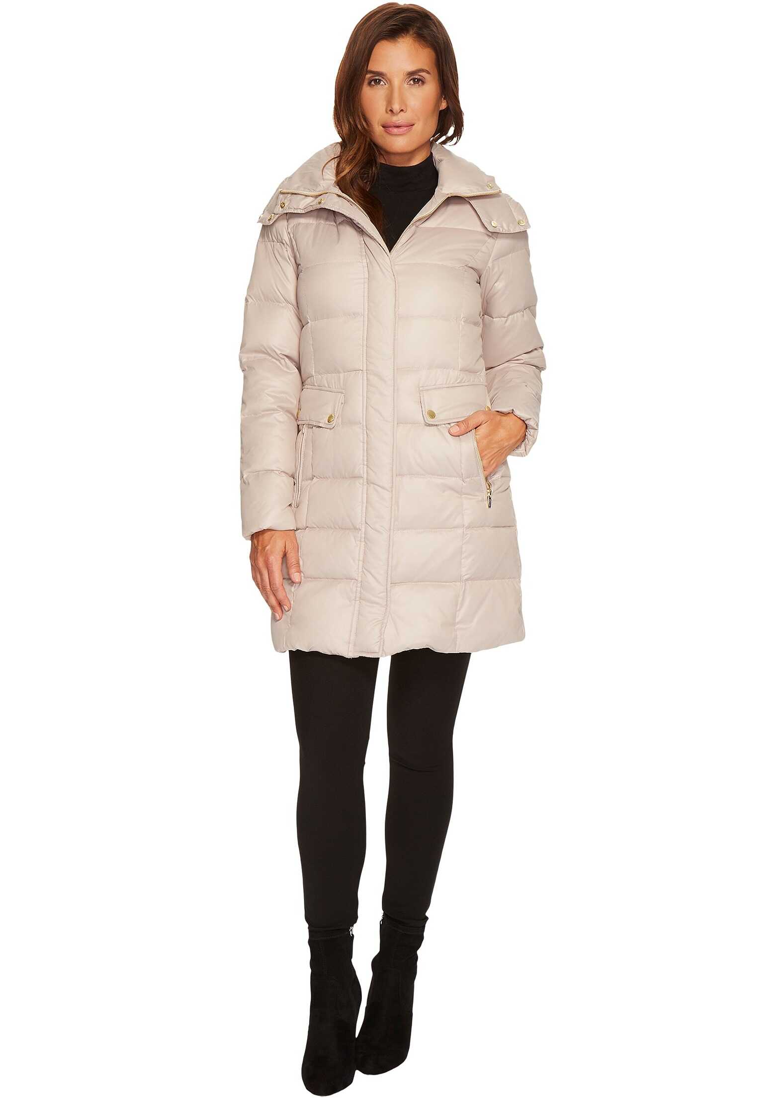 Geaca Cole Haan Quilted Down Coat w/ Detachable Hood Tan