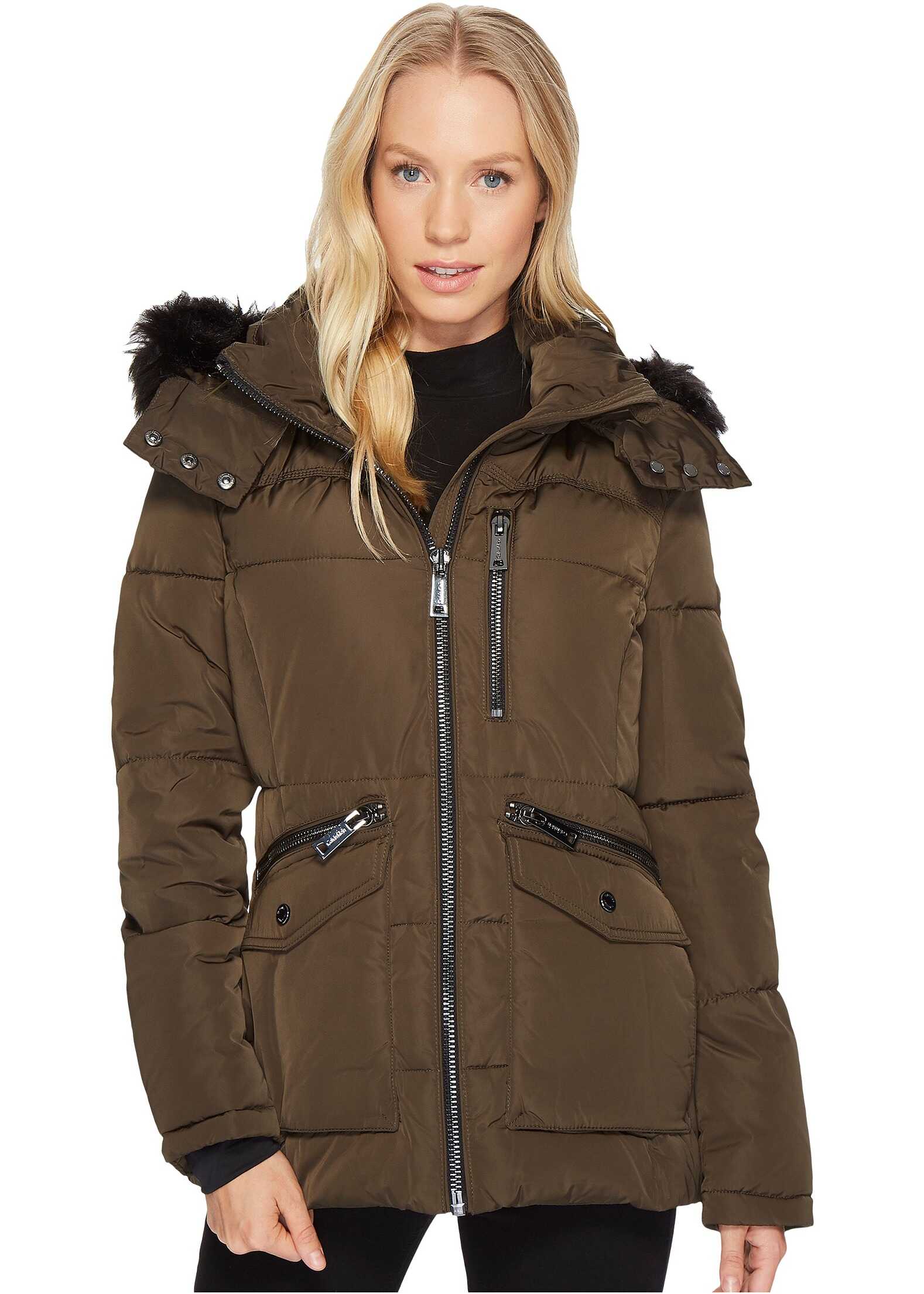 Geaca Calvin Klein Puffer Short with Fur Trimmed Hood Olive