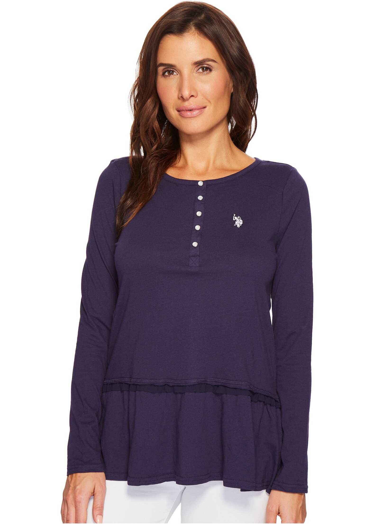 U.S. POLO ASSN. Solid Peplum Henley Shirt Evening Blue