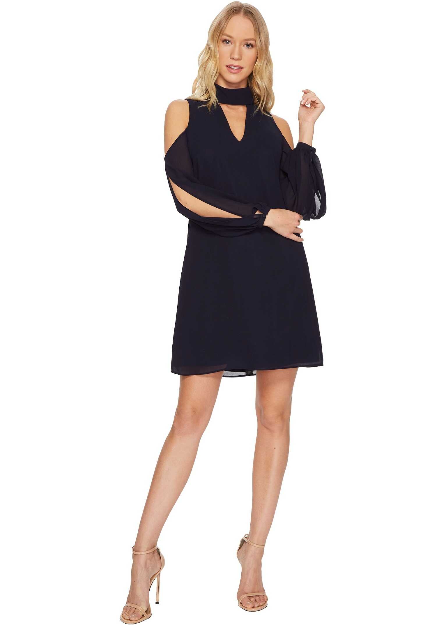 Rochie Vince Camuto Chiffon V-Neck Float with Collar and Cold Shoulder Sleeve Navy