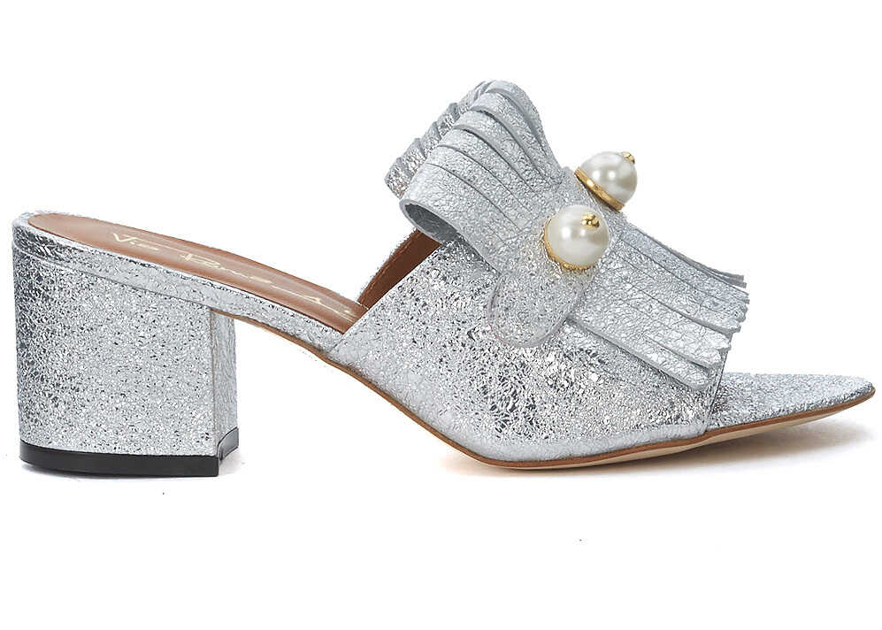 Pantof Via Roma 15 Silver Heel Sandal With Fringe And Pearls* Silver