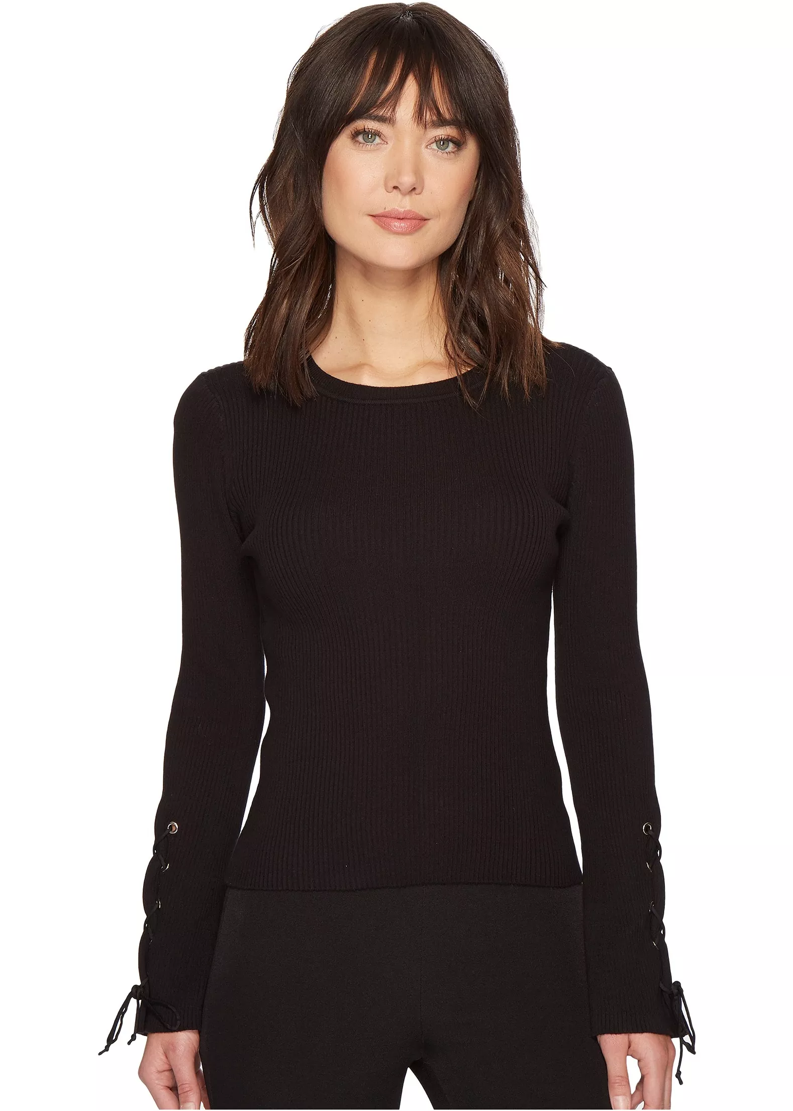Pulover Vince Camuto Lace-Up Bell Sleeve Ribbed Sweater Rich Black
