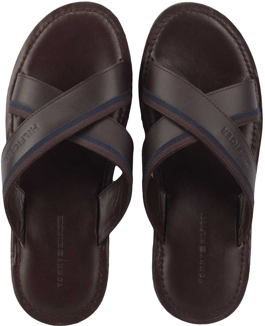 Slap Tommy Hilfiger Casual Leather Cross Strap Sandals In Coffee Bean Brown