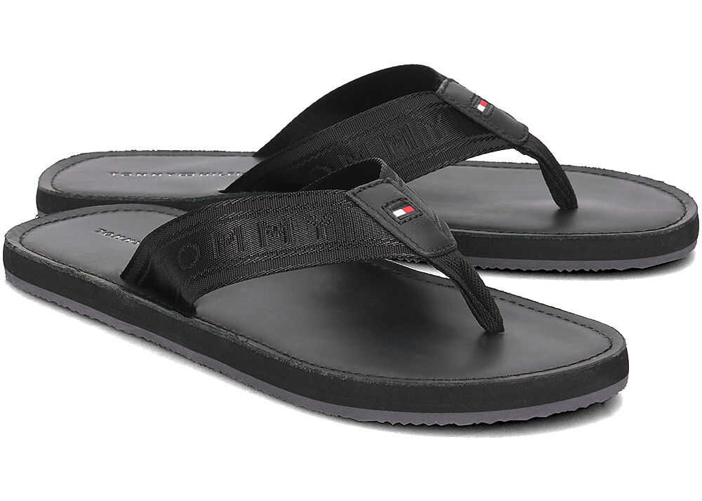 Slap Tommy Hilfiger Jacquard TH Leather Beach Czarny