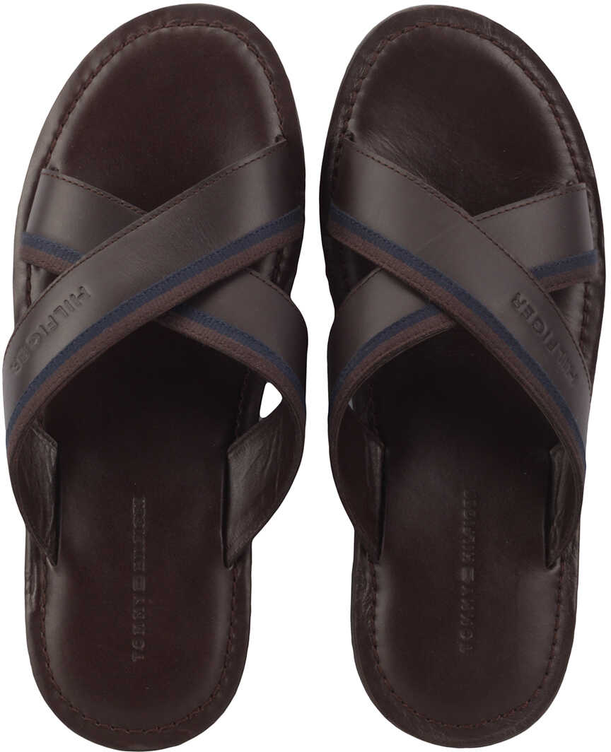Slap Tommy Hilfiger Casual Leather Cross Strap Sandals In Coffee Bean* Brown