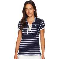 Tricouri Polo Lace-Up Striped Pique Polo Shirt Femei