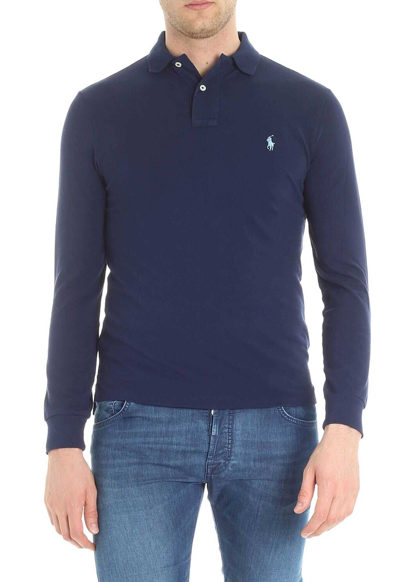 Ralph Lauren Blue Long Sleeve Piqué Polo With Logo Blue