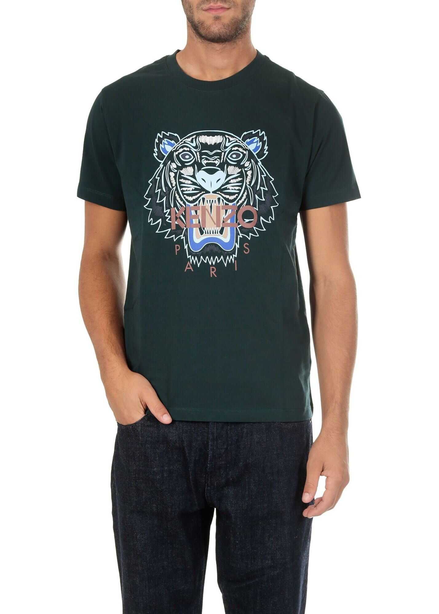 Kenzo Green T-Shirt With Tiger Logo Print Green