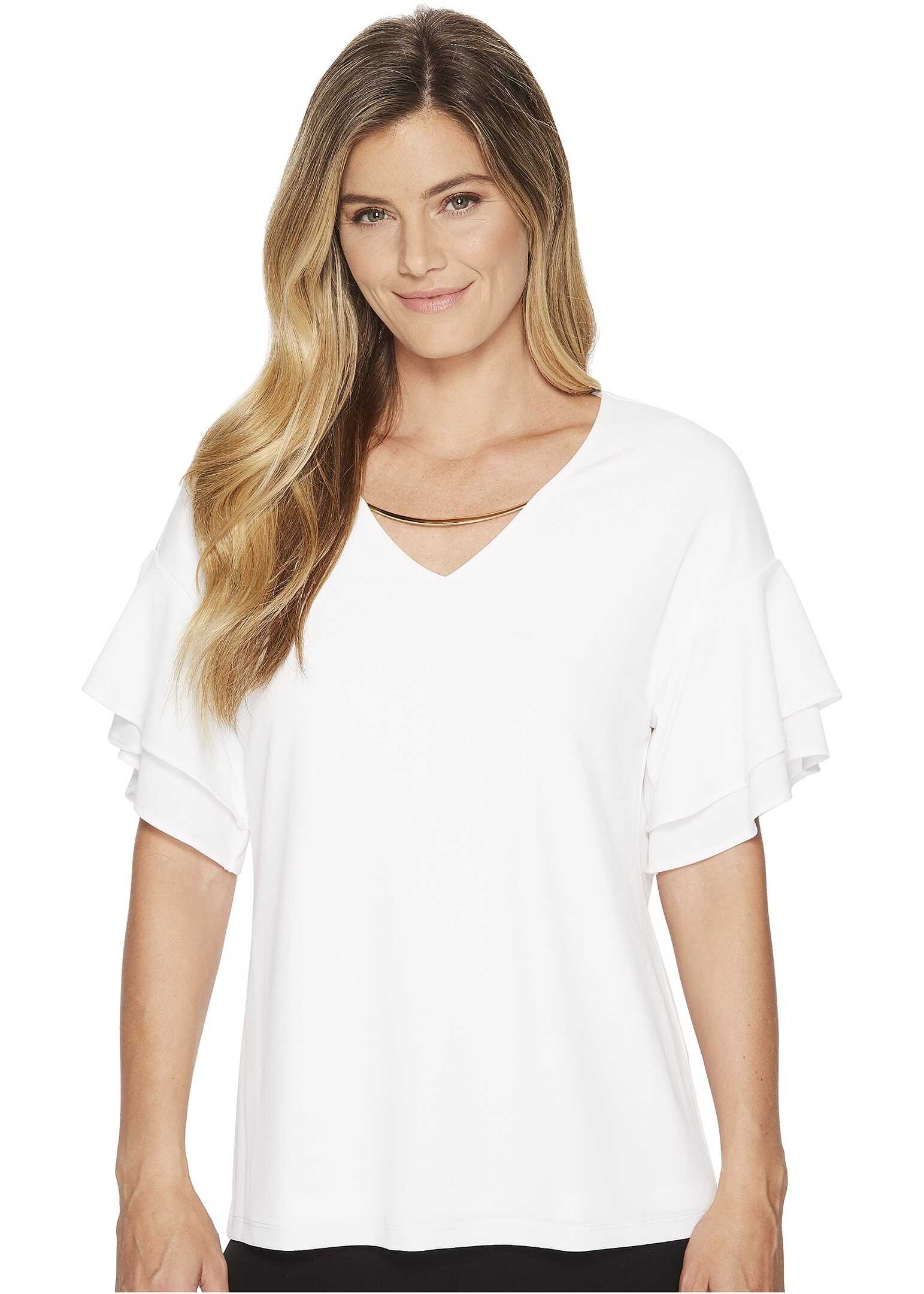 Calvin Klein Double Ruffle Short Sleeve Top w/ Chain Soft White