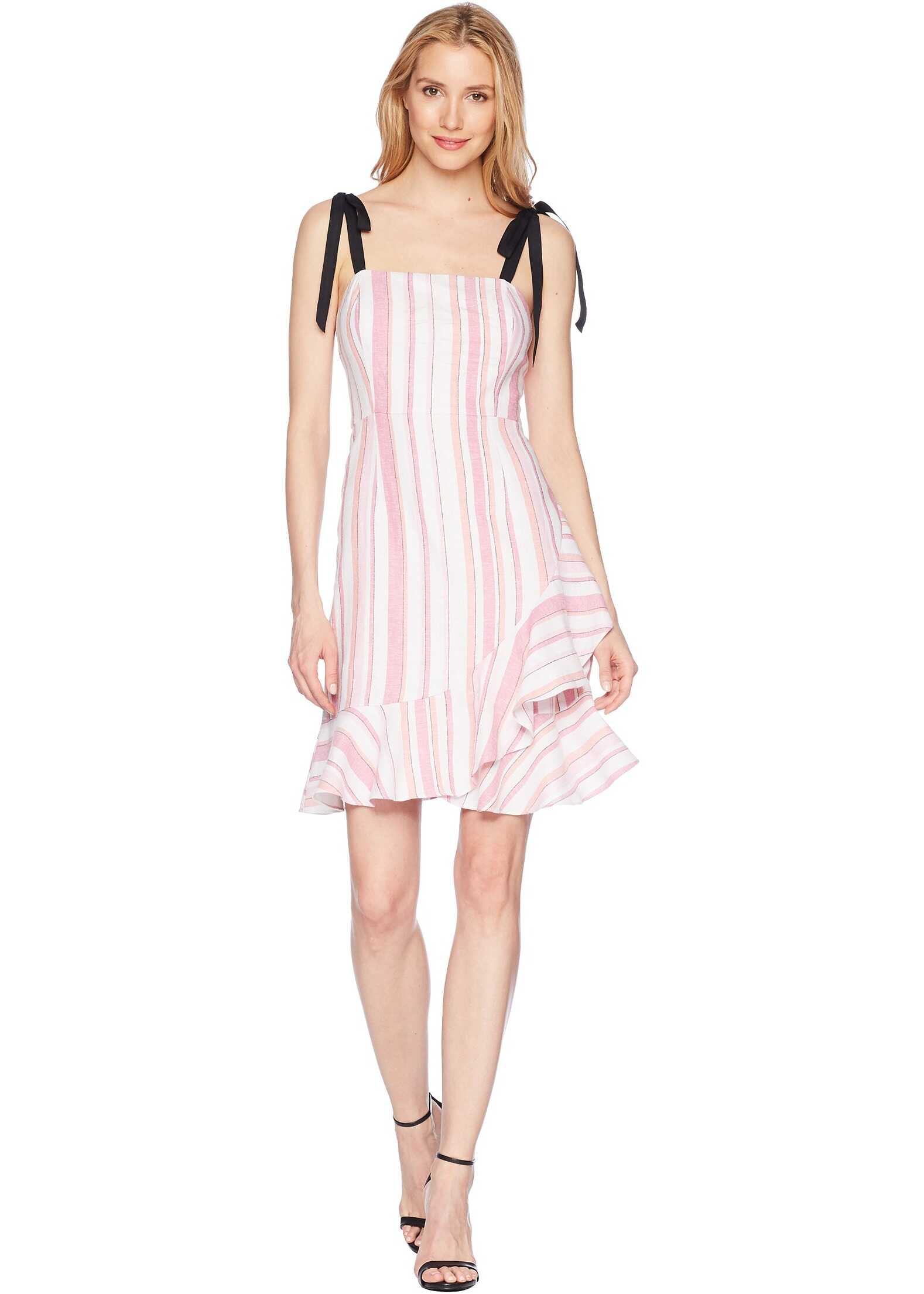 Donna Morgan Striped Linen Fit and Flare Dress with Asymmetrical Ruffle Skirt Pink/Ivory Multi