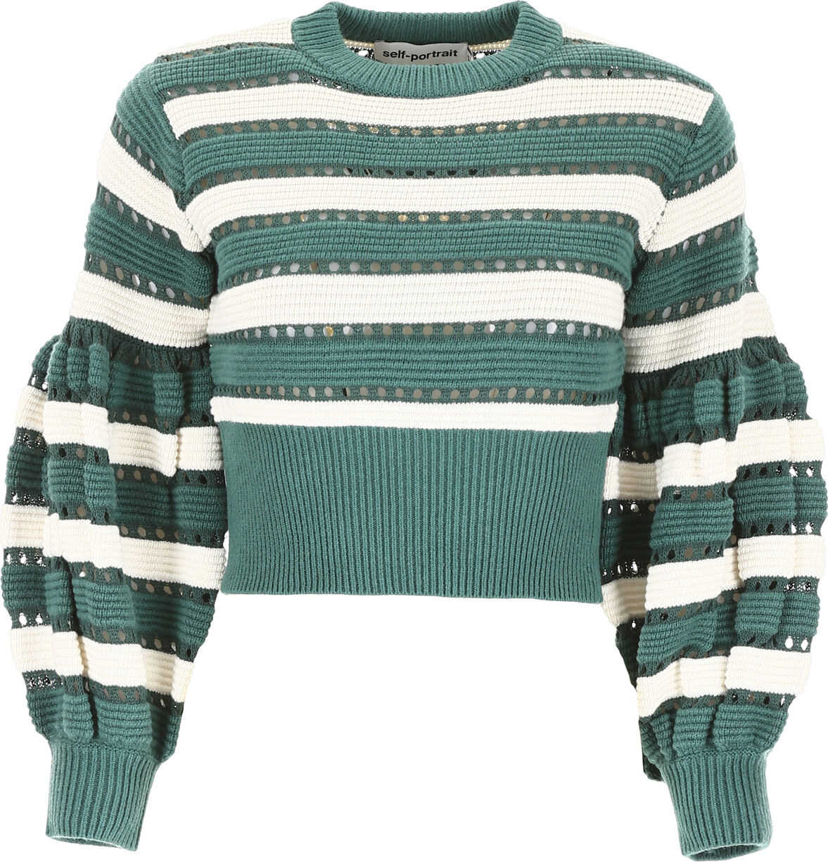 Self-Portrait Striped Crochet Pull GREEN CREAM